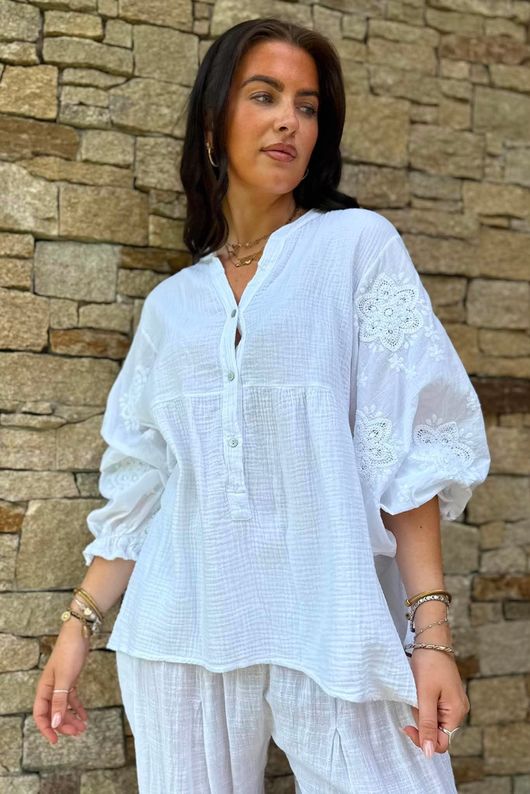 Mimi Pillow Cotton Batwing Blouse White